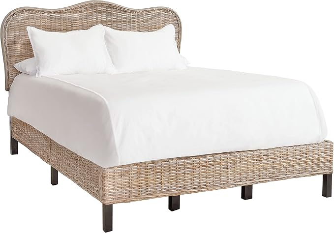 SAFAVIEH Home Collection Daejon Coastal Rattan Legs Camelback Headboard Full Size Bed BED8001A-F, Grey/Espresso
