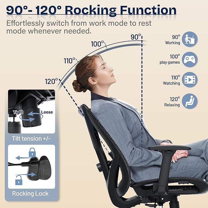 Ergonomic Office Chair, Mesh Computer Desk Chairs with Adjustable Lumbar Support, 3D Armrests, Tilt Function, Comfy Wide Seat, Swivel Executive Work Task Chair for Company and Home