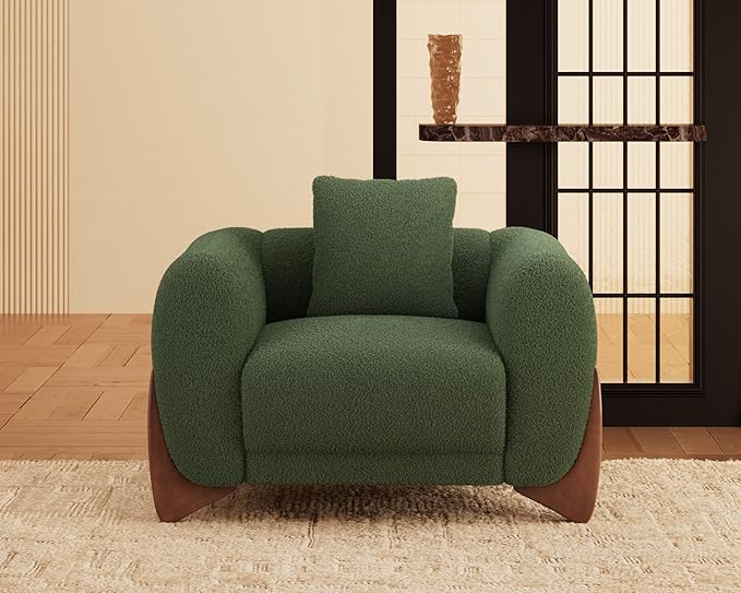 Morden Fort 2 Piece Cloud Couch Set, Modern Sherpa Boucle Sofa Set with Wood Legs, Skin-Friendly Minimalist Upholstered Comfy Couch Sofas for Living Room, 3-Seater Sofa & Accent Arm Chair, Green