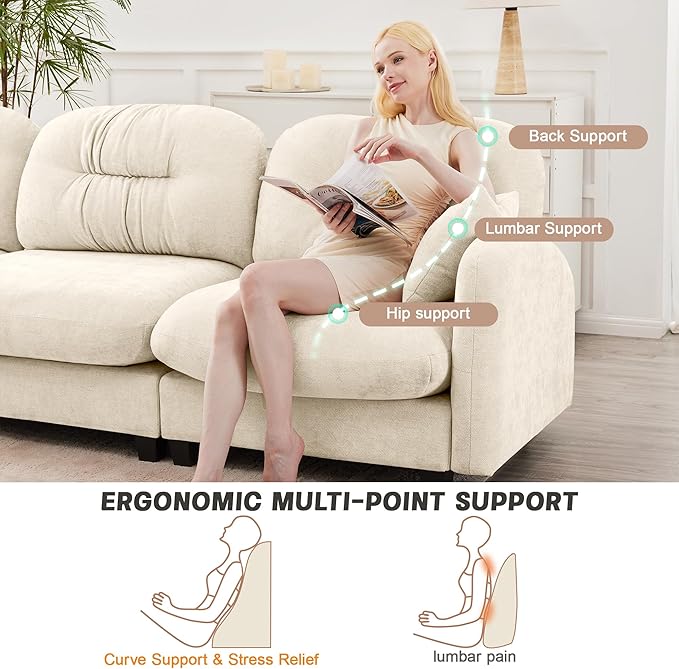 107" U Shaped Couch for Living Room, Comfy Chenille Fabric Cloud Sectional Couch, Modern Upholstered Deep Seat Sofa with Pillow and 2 Movable Ottoman, Oversized 3 Seater Sectional Sofa, Beige
