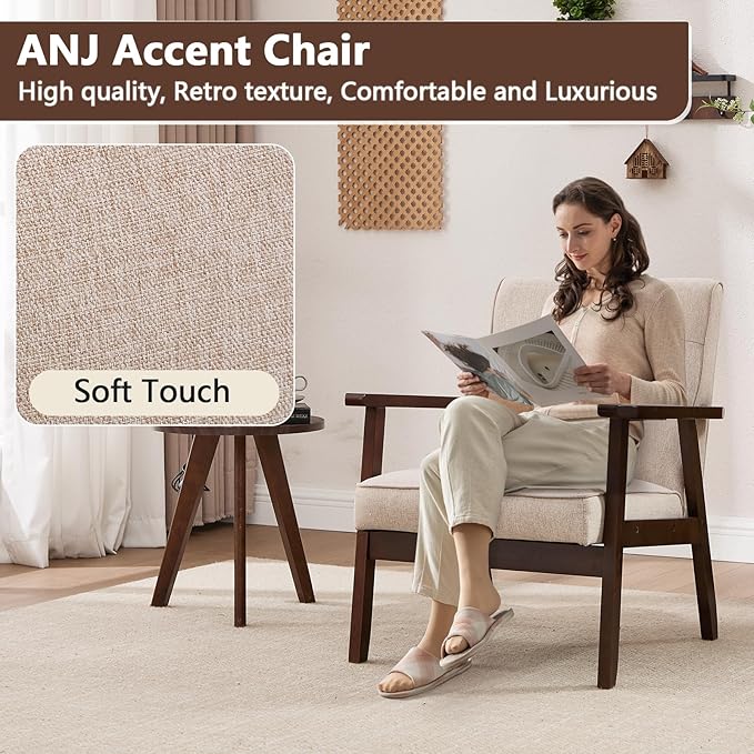 ANJ Mid Century Modern Accent Chairs Set of 2, Tufted Fabric Armchair with Solid Wood Frame, Comfy Retro Side Chair Reading Chair for Living Room, Bedroom，Beige