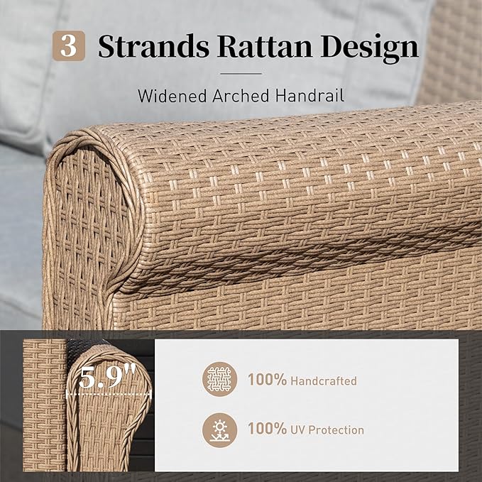 Patio Furniture Set 4 pcs, Wicker Rattan Outdoor Furniture with 5.5” Thick Cushions, 3-Seat Sofa, 2 Chairs and Coffee Table, Outdoor Conversation Set for Garden Backyard Deck, 5 Seats Grey