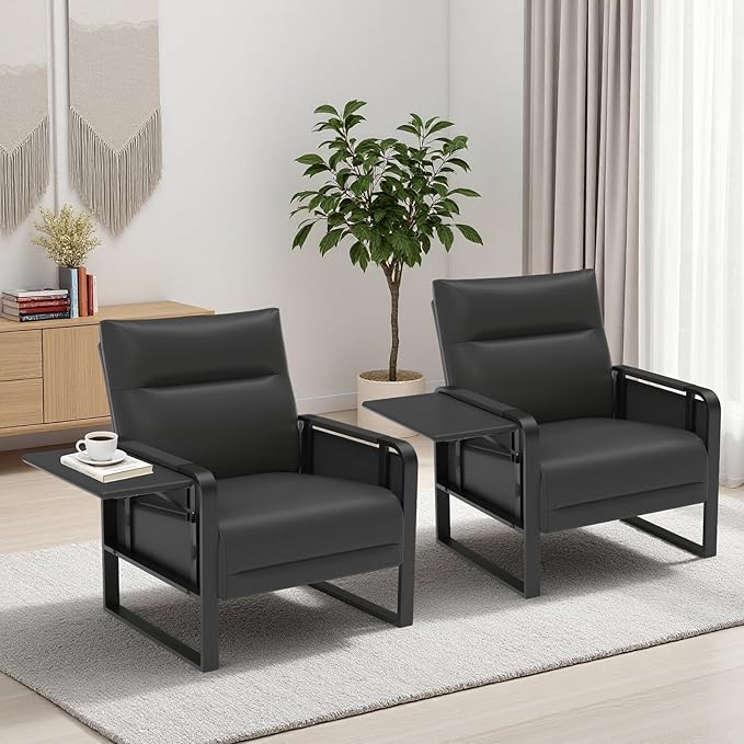 Upholstered Accent Sofas Set of 2, Modern Faux Leather Sofa Chairs with Foldable Side Tray Table & Storage Pocket, Small Accent Sofas for Living Room, Bedroom, Black