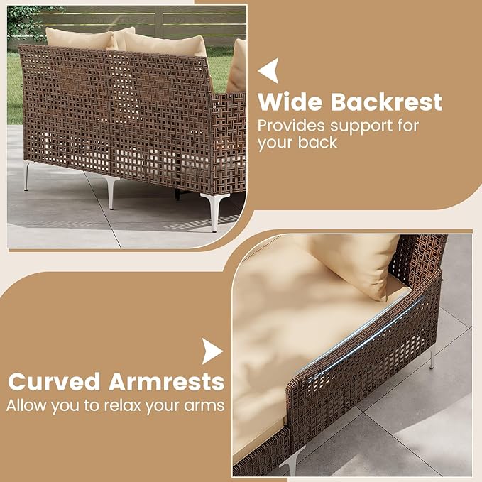 HAPPYGRILL Outdoor Patio Daybed PE Rattan Sunbed with Pillows and Cushions, Heavy-Duty Metal Frame, Outdoor Bed Lounger for Porch, Backyard and Poolside (Beige)