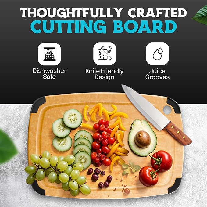 Dishwasher Safe Cutting Boards for Kitchen - 2 Piece Large Composite Wood Cutting Board Set with Non-Slip Feet and Juice Groove (14.5" x 11" and 11.7" x 9.3") - Thin, Lightweight, Eco-Friendly
