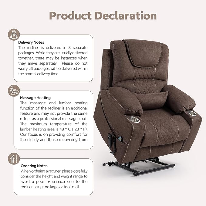 Oversized Lazy Boy Recliner Chair, 2 Motor Leather Recliner, Nursing Lift Chair with Massage and Lumbar Heating, Functional Adult Power Recliner with Cup Holders