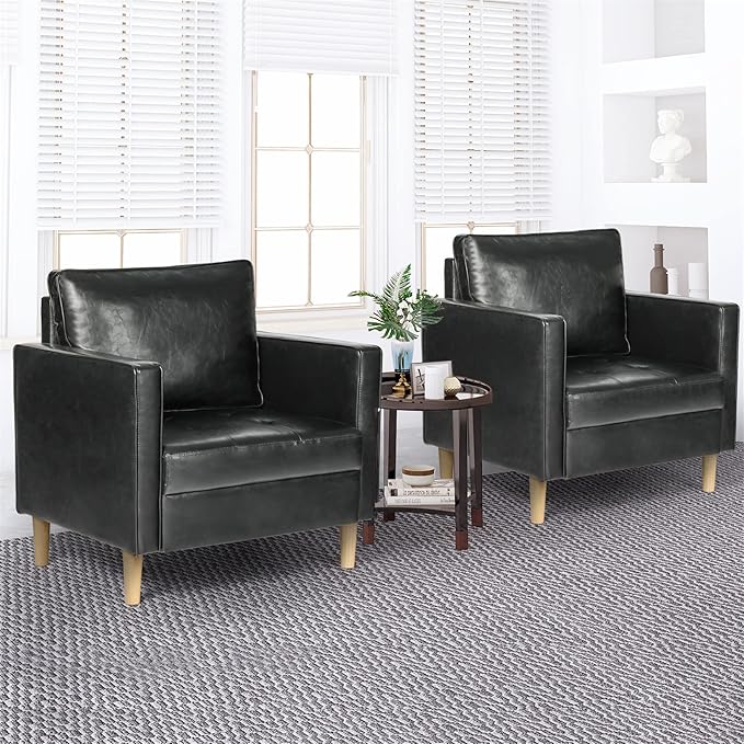 STHOUYN Faux Leather Comfy Black Accent Arm Chair Single Sofa Living Room, Bedroom Chair Reading Chairs for Adults, Suitable for Small Spaces Office Couch, Easy Assembly