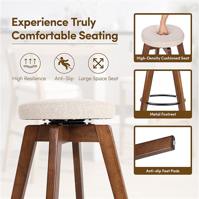 Swivel Premium Solid Wood Counter Stool 25", 360° Rotating Upholstered Cushion, Backless Bar Chair for Island, Pub, Kitchen, Dining Room (Walnut)