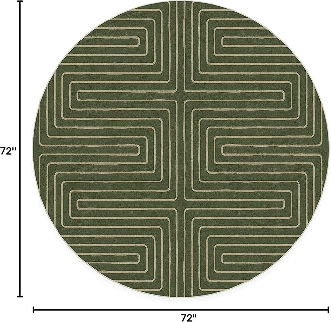 RUGGABLE x Jonathan Adler Machine Washable Area Rug – Labyrinth Fern Green 6 ft Round, Stain-Resistant, Non-Slip – Medium Rugs for Living Room, Bedroom, Hallway, Entryway & Office–with Standard Pad