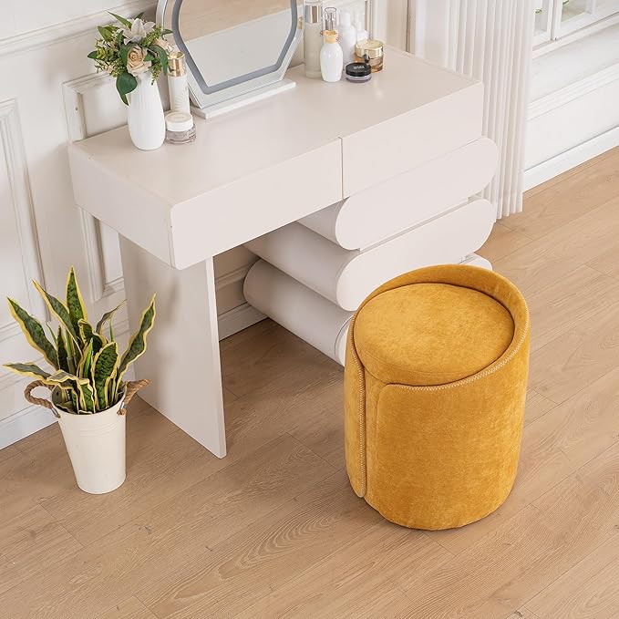 Swivel Vanity Stool with Gold Base Comfy Vanity Chair Modern Round Stool for Makeup Vanity Ottoman Foot Rest for Bedroom livingroom, Yellow