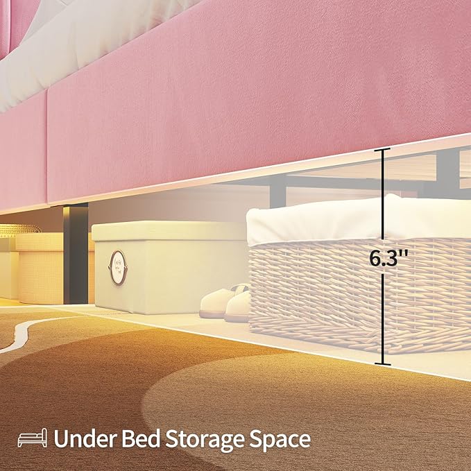 Queen Bed Frame with Storage Headboard,Power Outlet, Modern Velvet Upholstered Platform Bed LED Bed Frame with 5 Storage Shelves, No Box Spring Needed, Pink