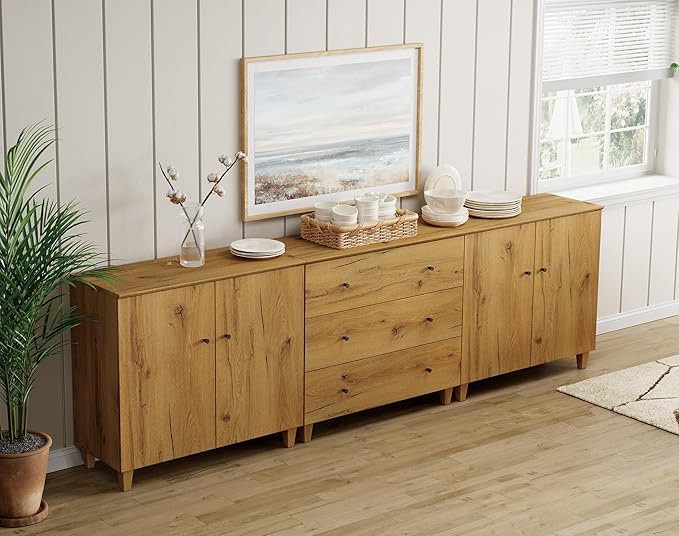 WAMPAT Sideboards Buffet Cabinet, 3-in-1 Wood Wide Credenza Storage Cabinet with 4 Doors and 3 Drawers, Modern Kitchen Coffee Bar Table with Storage for Living Room Dining Room, Oak Brown
