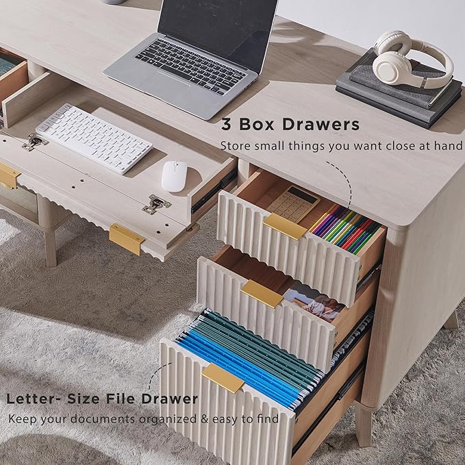 T4TREAM Modern Fluted Executive Desk with Drawers, 60" Home Office Computer Desk with Charging Station & Keyboard Tray, Alder White