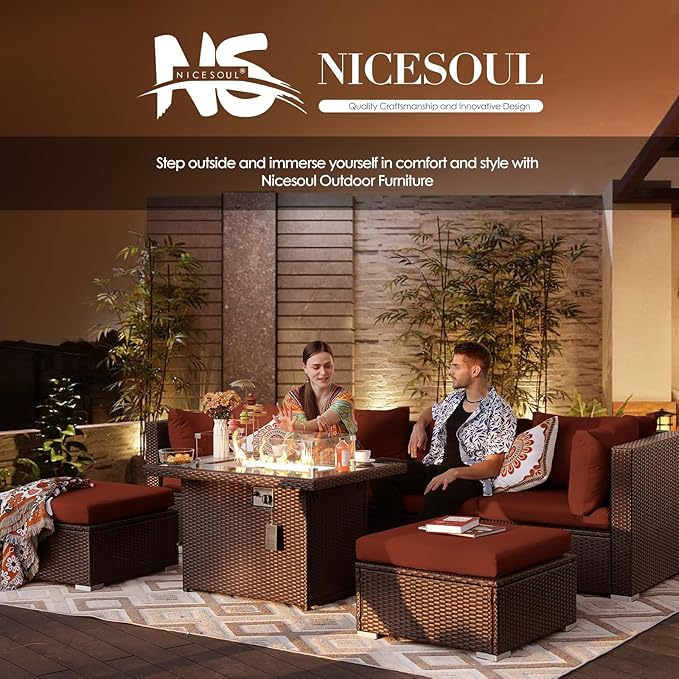 NICESOUL 7 Piece Outdoor Sofa Sectional with Firepit Natural Gas & Propane, Extra Large Patio Furniture Set for Heavy People, Deep Modular Wicker Conversation Sitting, Brown Rattan and Red Cushion