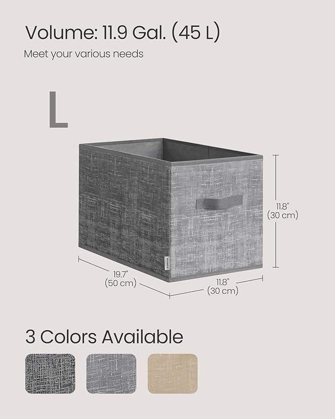 SONGMICS Storage Cubes, 19.7 x 11.8 x 11.8 Inches Non-Woven Fabric Bins with Double Handles, Set of 3, Closet Organizers for Shelves, Foldable, for Clothes, Cattail Gray UROB450G01