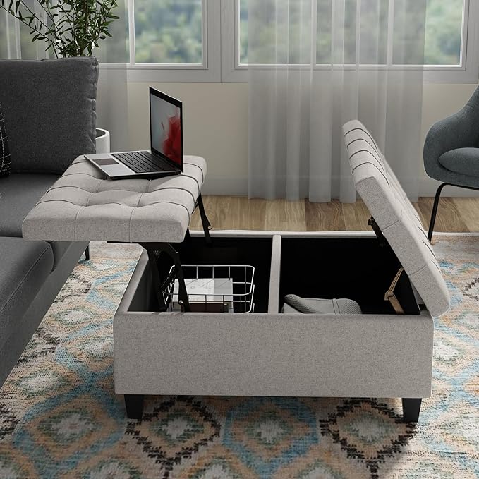 SIMPLIHOME Harrison Coffee Table Storage Ottoman - 36 inch Wide Upholstered Linen Look Fabric Square Storage Ottoman in Oyster Grey, Transitional Tufted Ottoman for Living Room with Split Lift-Up Lid