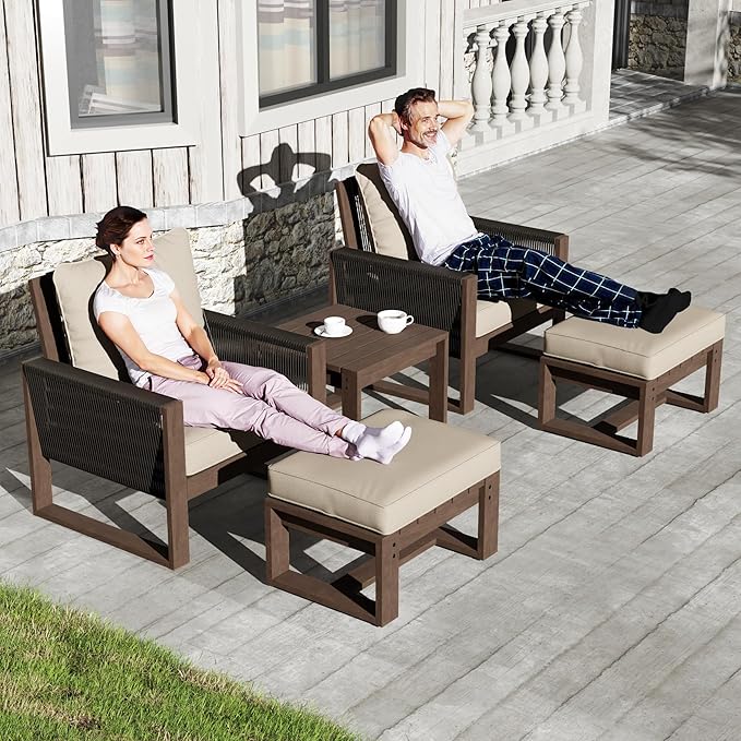 5 Piece Patio Bistro Chair Set with Ottoman, Wooden Outdoor Patio Furniture Set, Patio Wicker Chairs with Coffee Tables for Balcony Deck Backyard