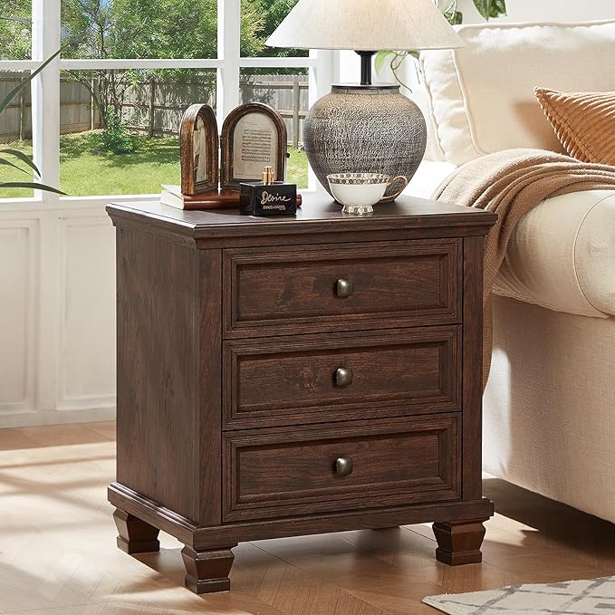 Farmhouse Nightstand Set of 2, Rustic Couch End Table with 3 Drawers & 4 Square Solid Wood Legs, Vintage Bed Side Table with Storage, Small Dresser for Bedroom, Living Room, Walnut