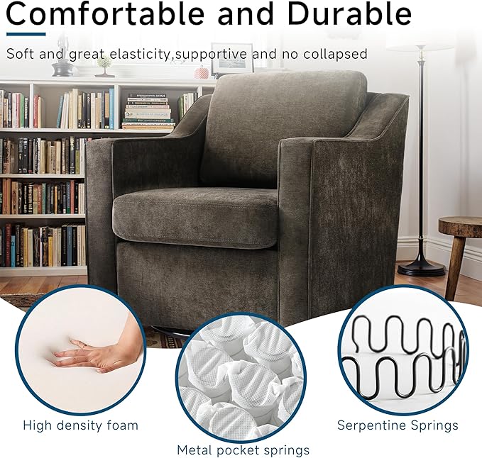 Pia Ricco 2-Pack Plush Oversized Chenille Fabric Swivel Accent Chairs with Removable Covers, Living Room Reception Bundle Set,Night Brown Black
