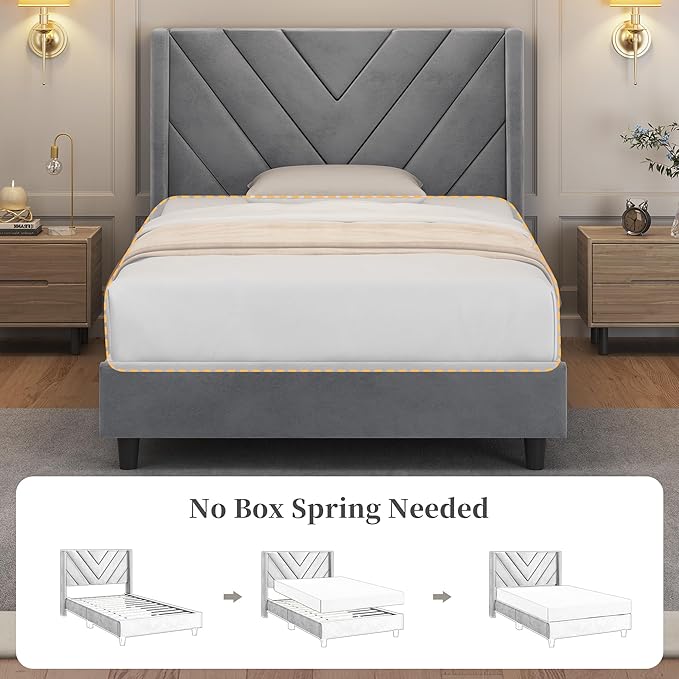 Yaheetech Twin Bed Frame Upholstered Platform Bed with Wing Side/Wooden Slat Support/Tufted Headboard with Wing Side/Mattress Foundation/No Box Spring Needed,Light Gray Twin Bed