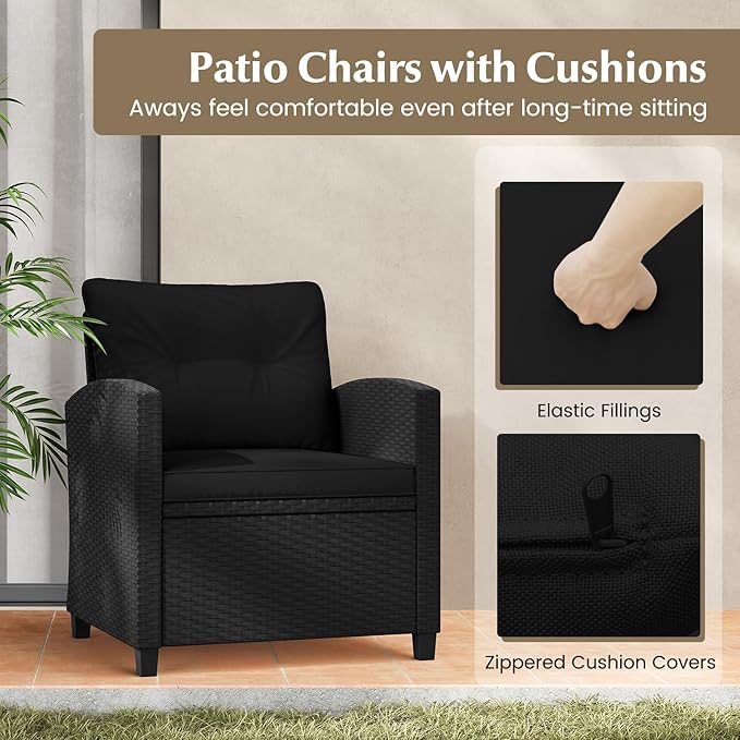 Tangkula 3 Piece Patio Furniture Set, Rattan Conversation Set w/Soft Seat & Back Cushions, Tempered Glass Topped Coffee Table, Cushioned Wicker Seating Set for Backyard, Porch, Poolside (Black)