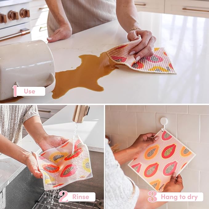 Papaya Reusable Paper Towels, Premium Swedish Dishcloths, Washable Reusable Dish Cloths, 1 Sheet Replaces 17 Rolls, Eco Friendly Stocking Stuffer - 2 Sheets, 1 Hook