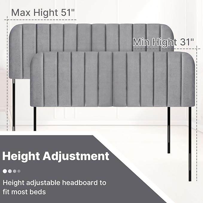 Upholstered Headboard - Striped Interval - Adjustable Height - Metal Legs - Bed Frame (Grey, King (U.S. Standard))