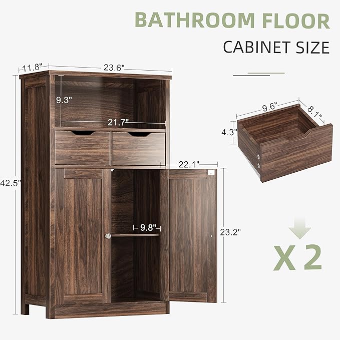 Shintenchi Floor Storage Cabinet, Bathroom Storage Organizer with Doors and Drawers, Freestanding Side Cupboard Pantry with Adjustable Shelf for Bathroom/Kitchen/Livingroom, Walnut