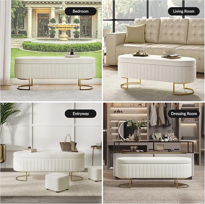 EcoHarbor Living 50" Storage Ottoman Bench with 2 Additional Ottomans, End of Bed Bench Bedroom Bench, Upholstered Velvet Long Window Bench with Gold Legs, Flipping Lid Entryway Footrest