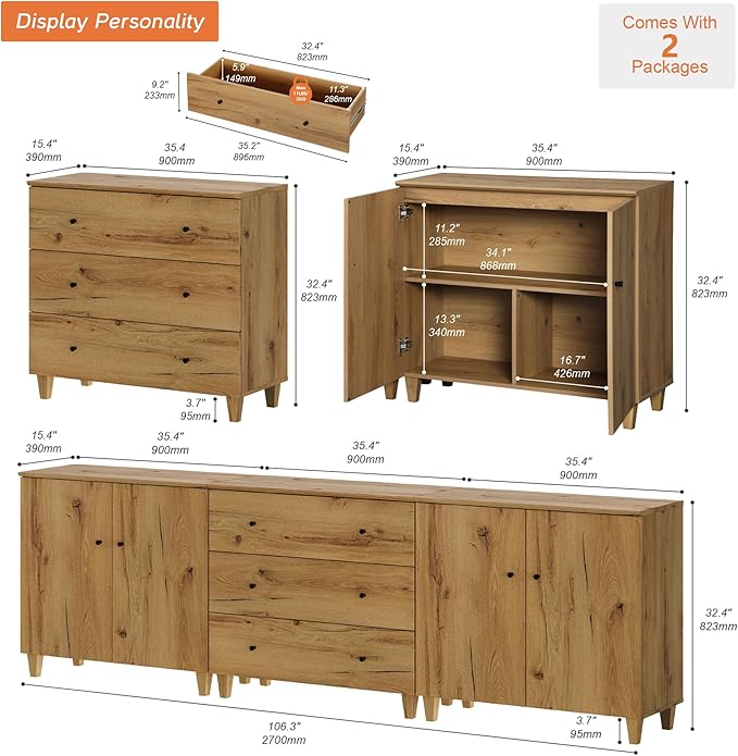 WAMPAT Sideboards Buffet Cabinet, 3-in-1 Wood Wide Credenza Storage Cabinet with 4 Doors and 3 Drawers, Modern Kitchen Coffee Bar Table with Storage for Living Room Dining Room, Oak Brown