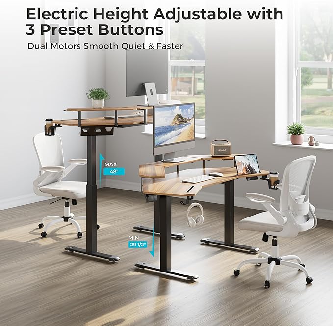 EUREKA ERGONOMIC Standing Gaming Desk with Dual Motor,63" Wing Shaped Computer Desk w Mouse Pad, Electric Adjustable Height Table w LED Monitor Stands,Slot Design,Walnut