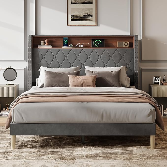 WLIVE Queen Size Upholstered Bed Frame with Storage Headboard, Velvet Square Tufted Platform Bed with Charging Station, Sturdy Metal & Wooden Slats Support, No Box Spring Needed, Grey