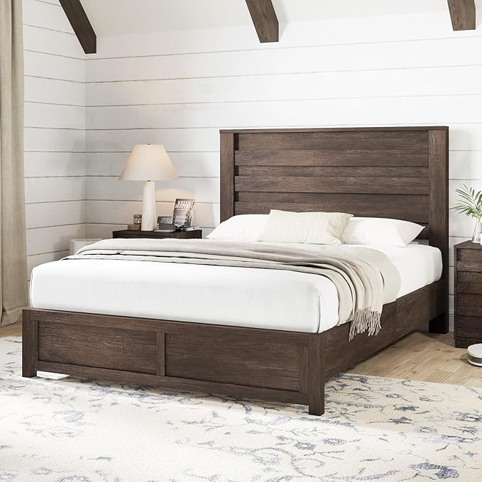 AMERLIFE Farmhouse Queen Size Bed Frame with 49" Fluted Headboard, Wood Platform Bed with Natural Grain, No Box Spring Needed, Noise Free, Grey