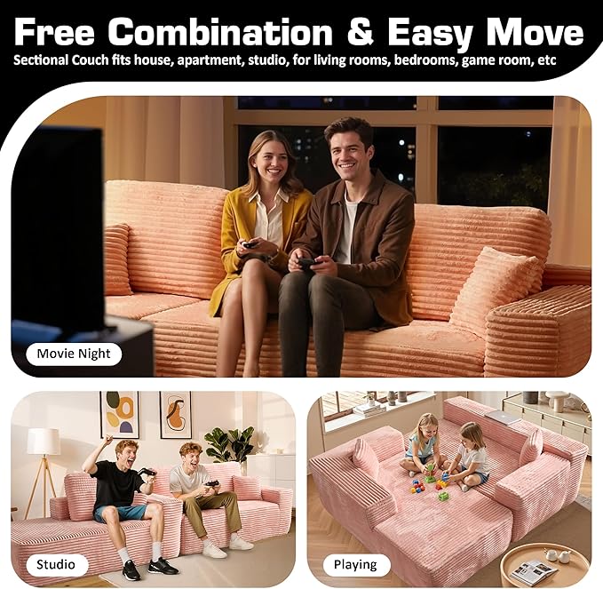 106" Cloud Sectional Couch with L-Shape Chaise, No Assembly Modular Sofa, Deep Seat Plush Corduroy Boneless Couched for Living Room (Pink Plush Corduroy, Left Facing Chaise)
