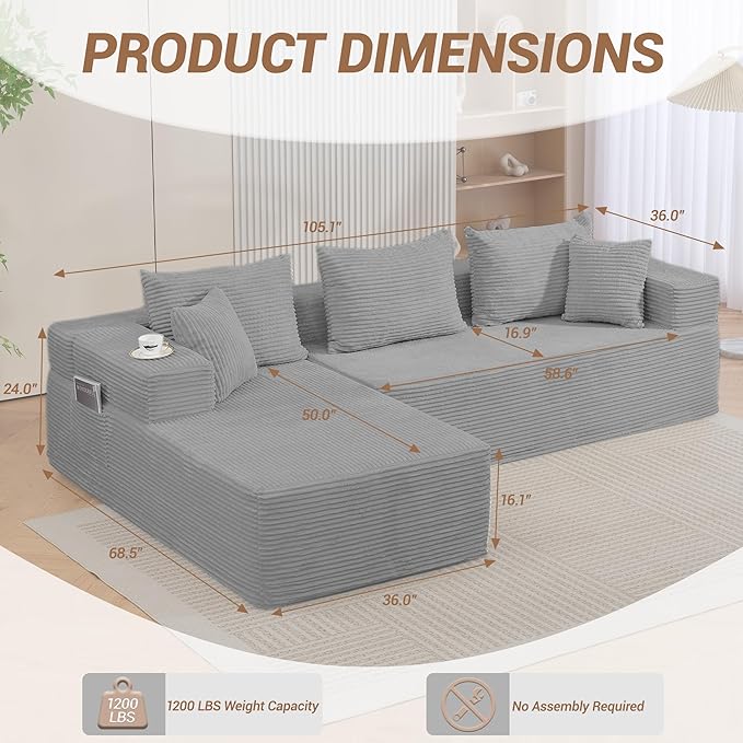 105" Cloud Sectional Couch, Modular Sectional Sofa with L-Shape Chaise, Corduroy Boneless Couches for Living Room, No Assembly, Grey