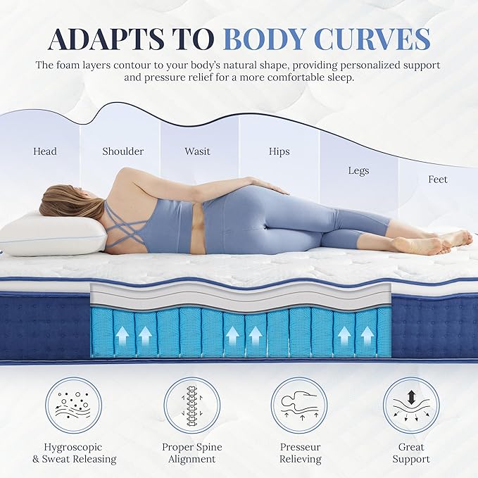 Queen Size Mattress, 10 Inch Queen Size Hybrid Mattresses in a Box, Medium Feel Foam and Individual Pocket Springs, Fiberglass Free Bed Mattress, Extra Edge Support, Pressure Relief, CertiPUR-US, Blue