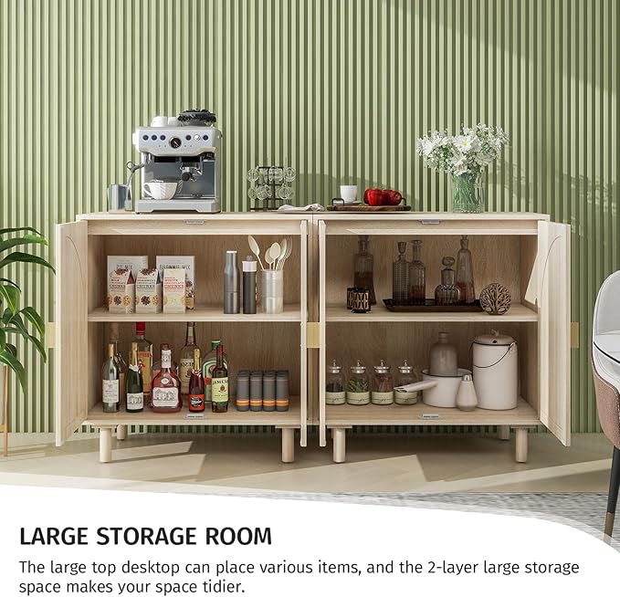 Beige Rattan Cabinet-2-Doors,Sideboard Buffet Cabinet with Storage-Accent Storage Cabinet with Cane Door, Boho Wood Credenza for Dining Room, Kitchen,Study Room (Beige Set 2)