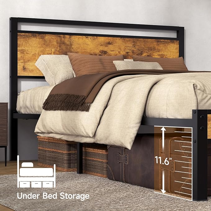 Z-hom Queen Bed Frame with Modern Wood Headboard & Footboard, Upgraded Heavy Duty Metal Sturdy Bed Frame Queen Size, Stable Platform Bed Furniture Bed Storage, No Noise, No Box Springs, Vintage Brown