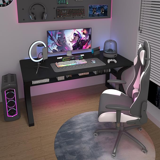 StarGraph Computer Desk 47'' Large Home Office Desk with Sturdy Metal Frame U Shaped Modern Computer Desks with Storage Study Writing Office Work from Home Desks (Black, 47 inch)