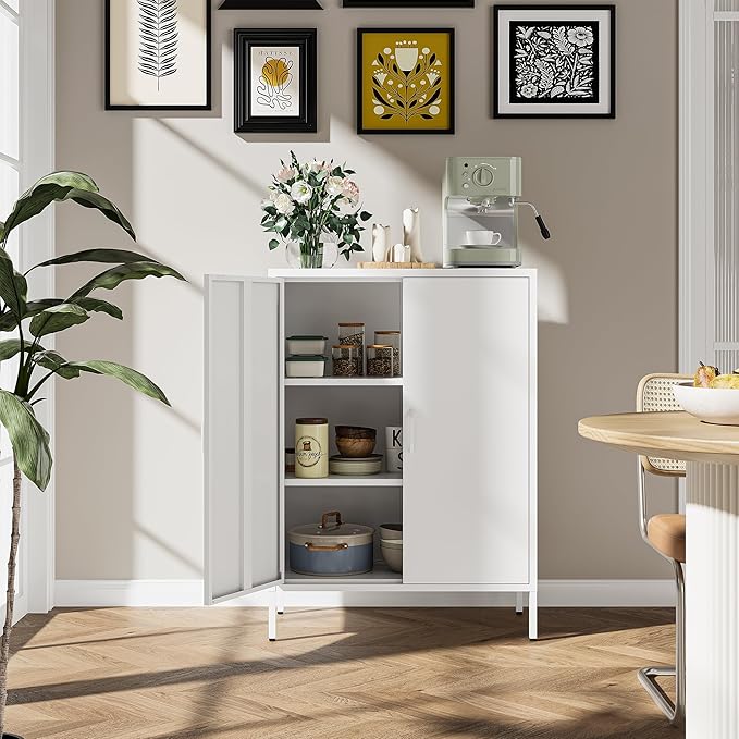 Metal Locker Cabinet with 2 Doors, White Metal Accent Cabinets for Home Office, 40" Counter Height Storage Lockers Sideboard for Home Office Kitchen Living Room Hallway Entryway