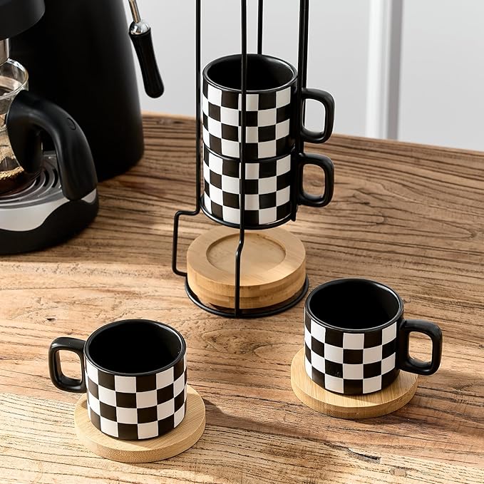 LUKA Porcelain Stackable Black and White Checkered Espresso Cups with Saucers and Metal Stand, 4 Ounce Small Ceramic Demitasse Cups Set for Coffee Drinks, Latte, Tea - Set of 4, Black Interior
