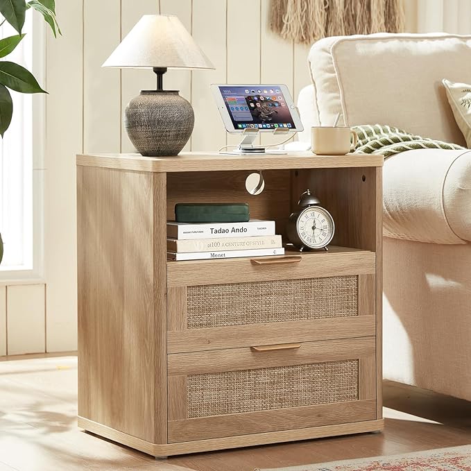 LEYAOYAO Rattan Night Stand with Charger Station, 23" Wide Boho Nightstand with 2 Drawers, Natural Wood Bedside Table Open Storage Cabinet, Bed Side End Tables Dresser for Bedroom, Living Room Hallway