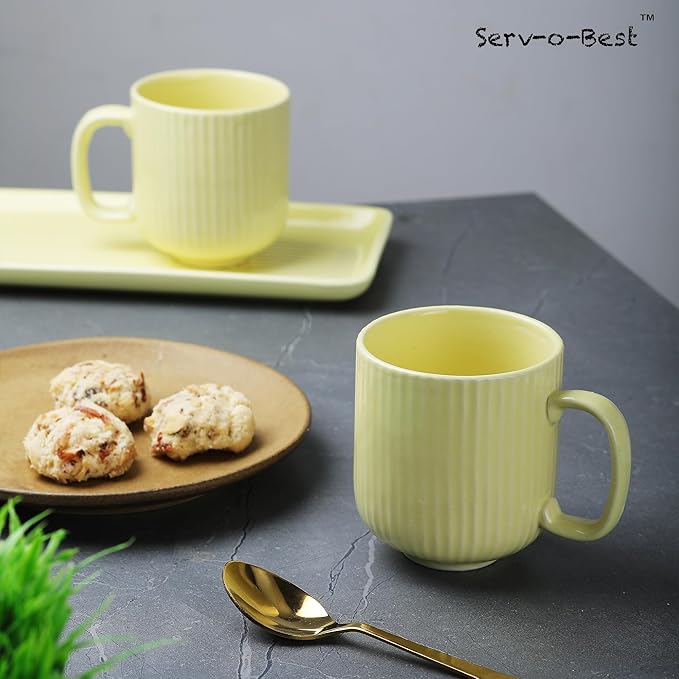 Ceramic Coffee Mugs with Handle Set – 2-Piece 11 Oz Ceramic Coffee Cups & 9" Tray, Handmade Lemon Yellow Color, Microwave Safe Gift Set for Tea Lovers, Home Kitchen Décor