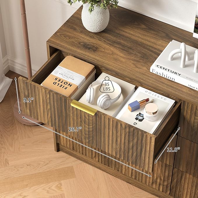 6 Drawers Fluted Dresser for Bedroom, 55" Wide Wooden Dresser with Deep Drawers, Large Floor Chest of Drawers, Modern Long TV Stand, Storage Cabinet Side Table, Walnut