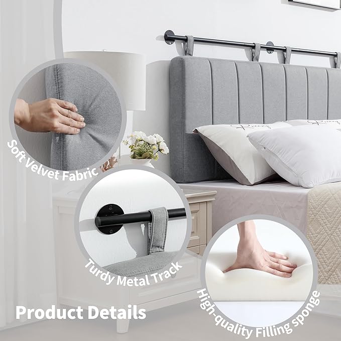 UEV Queen Headboard Only, Wall Mounted Hanging Upholstered Bed Head Board, Modern Vertical Channel Design of Fine Linen, Elegant Grey Fluted Headboard for Bedroom (Grey, Queen Size)