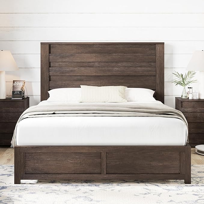 AMERLIFE Farmhouse Queen Size Bed Frame with 49" Fluted Headboard, Wood Platform Bed with Natural Grain, No Box Spring Needed, Noise Free, Grey