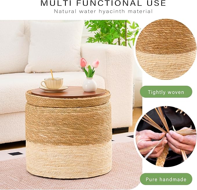Wimarsbon 18'' Ottoman Pouf, Natural Braided Poof, Rustic Handweave Lounge Pouffe, Boho Footrest Stool for Bedroom, Accent Table for Living Room (Stoage - 18inch Cattail+Beige Corn Husk L)