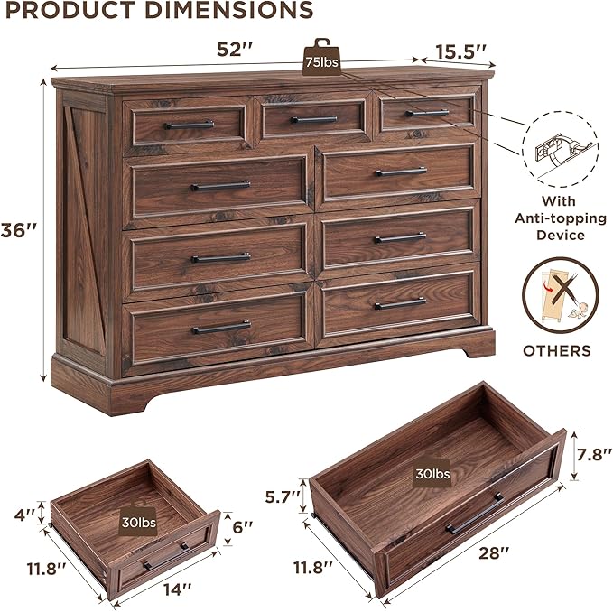 ACCOHOHO Farmhouse 9 Drawer Dresser for Bedroom, 36 Inch Tall Modern Dresser TV Stand with Large Drawers & Bar Handles, Rustic Wood Chest of Drawers for Bedroom, Living Room, Hallway, Brown
