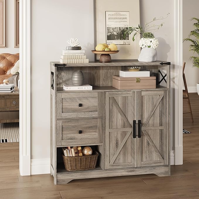 Fameill Farmhouse Storage Cabinet with Drawers and Open Storage,Freestanding Kitchen Pantry with 2 Barn Doors, Floor Cabinet with Adjustable Shelf for Living Room,Grey
