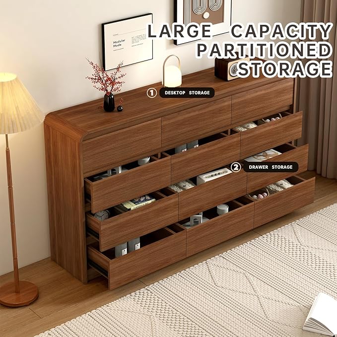 63 Inch Dresser For Bedroom 12 Drawer Wood Chest of Drawers - Curved Anti Collision, Mid Century Dresser For Closet with Natural Texture & Pre-Embedded Slots for TV Stand, Living Room, Nursery